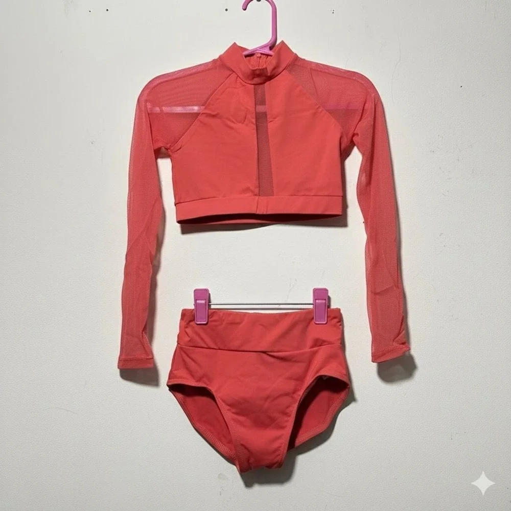 BalTogs High-Waist Mesh Crop Top and Briefs Set Coral Salmon Dance‎ Dancewear